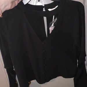 Black button down blouse with cut outs on elbows